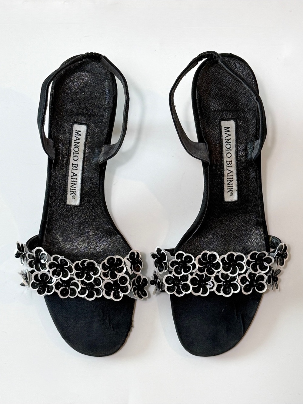 Manolo Blahnik Black and white Slingback Sandals with Sequin flowers US 6